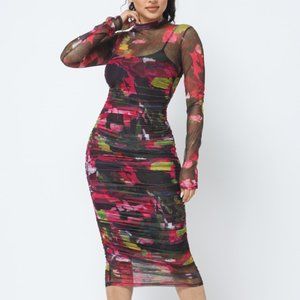 Mock neck print Midi dress w/ruched mesh details